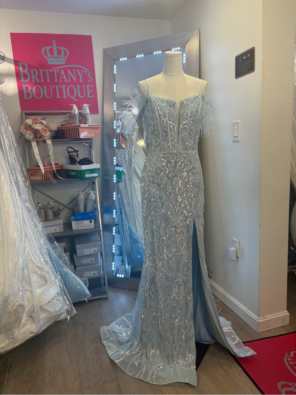 Jovani Light Blue Beaded Feather-Trim Prom Gown